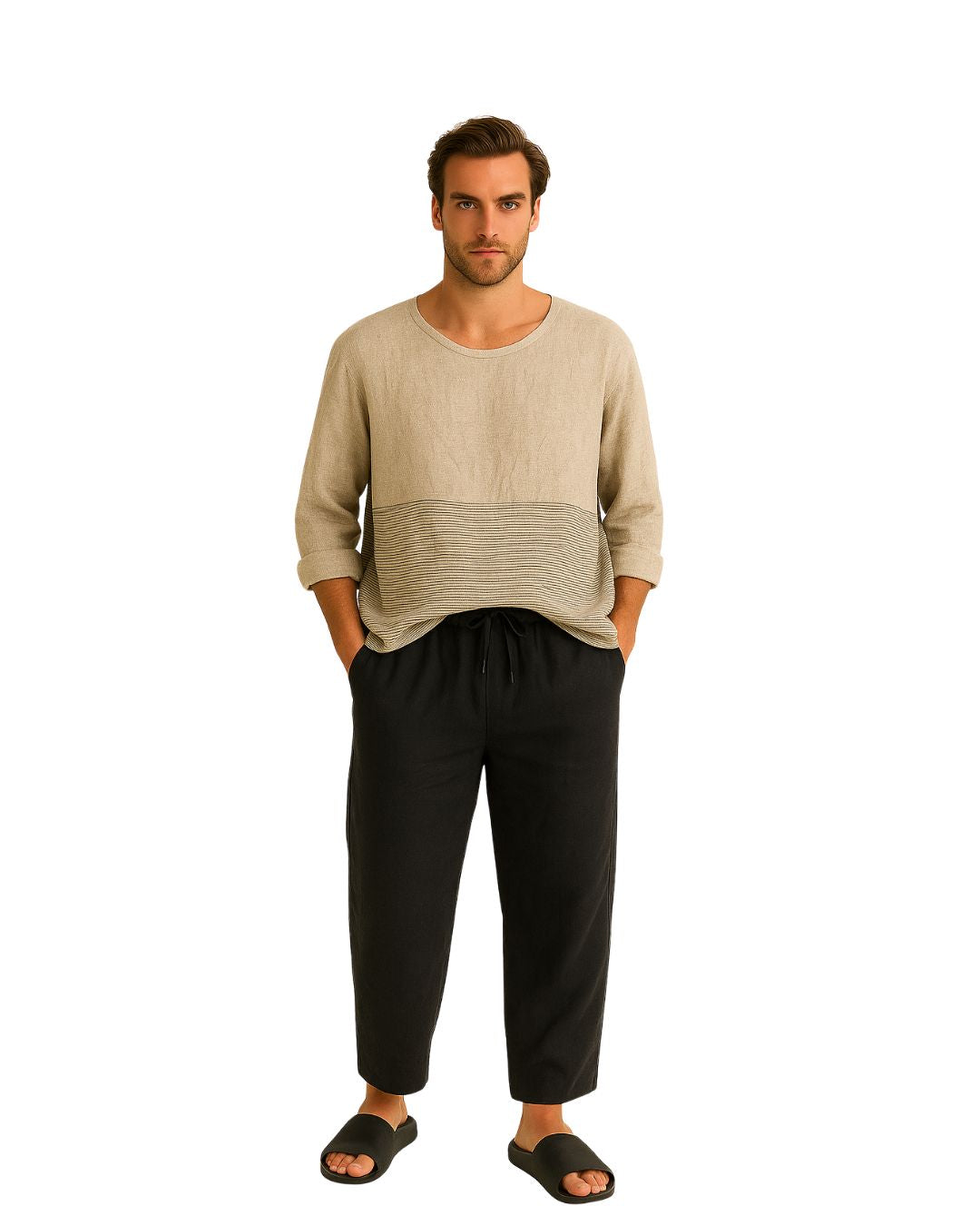 jen kahn blocked linen top in on model— unisex pure linen relaxed-fit top