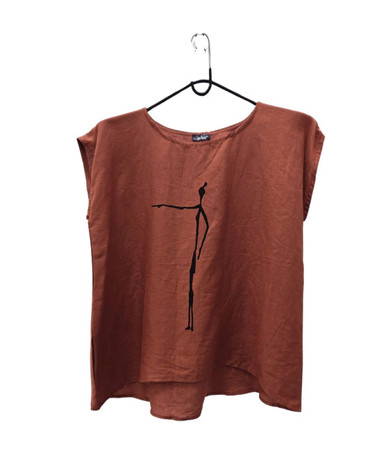 Jen Kahn Cave Print Linen Top in Sienna – pure linen women’s top with artistic cave figure print