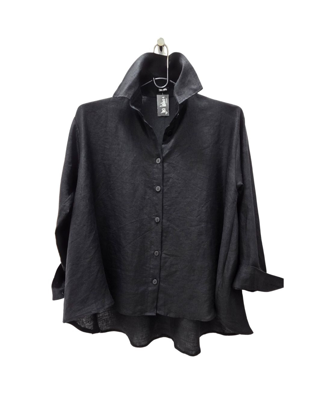 jen kahn Flared Linen Shirt in Black – relaxed pure linen shirt with asymmetrical hem