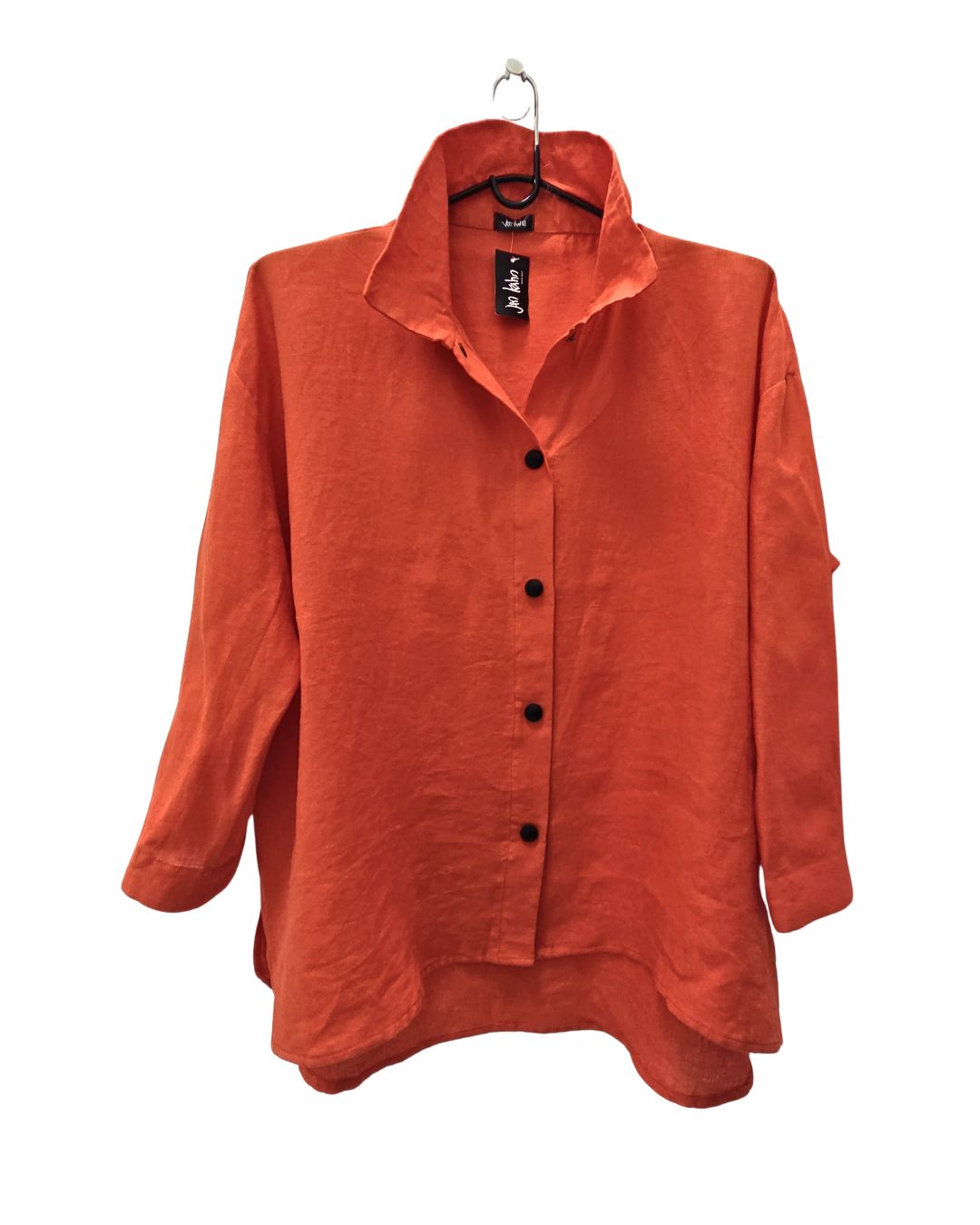 jen kahn High Collar Linen Shirt in Tangerine – relaxed pure linen shirt with press-stud fastening