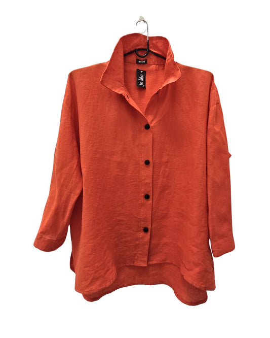 jen kahn High Collar Linen Shirt in Tangerine – relaxed pure linen shirt with press-stud fastening