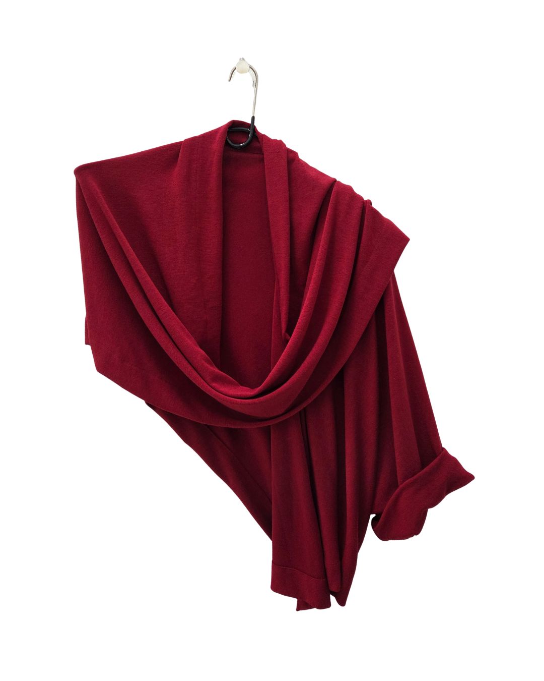 jen kahn Kimono Wrap in Claret on model — wool mix wrap with single-sleeve thrown over shoulder