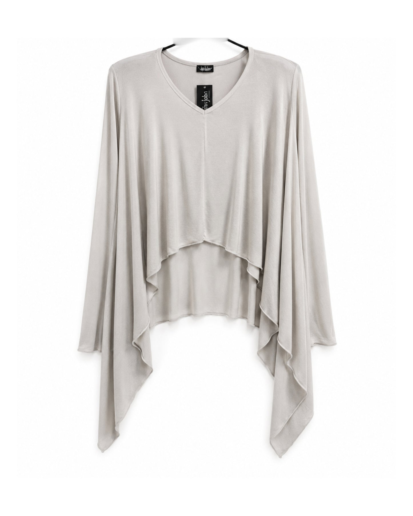jen kahn Pointed Jersey Top in Stone crafted from luxurious imported jersey knit with a V-neck, built-in mittens and an asymmetric draped hem.