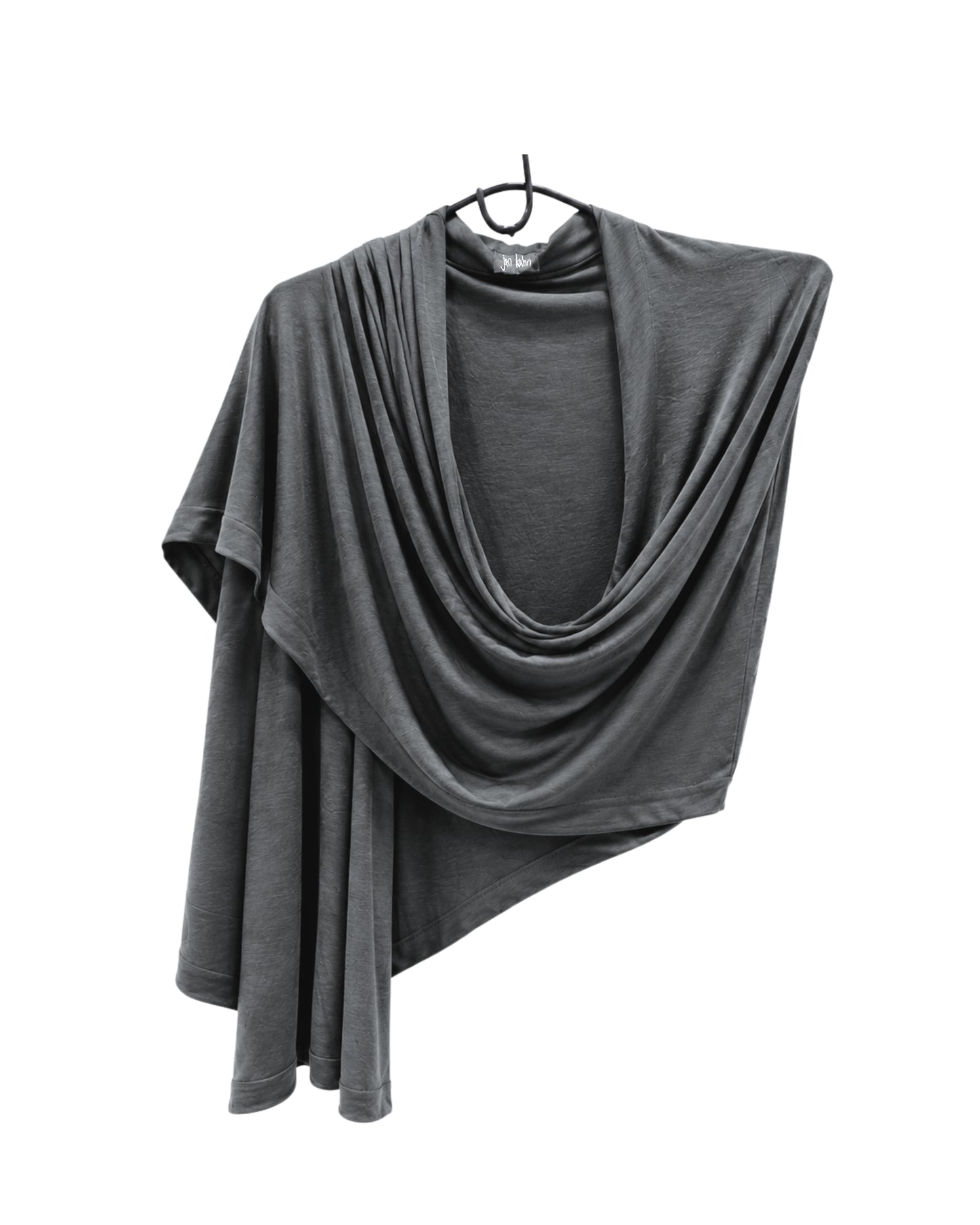jen kahn Kimono Wrap in anthracite on a hanger — wool mix wrap with single-sleeve thrown over shoulder