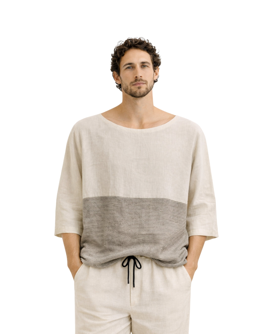 jen kahn blocked linen top in Natural — unisex colour-block pure linen top