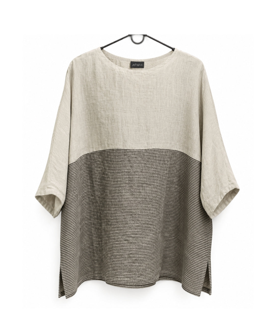 Front view of the jen kahn Blocked Linen Top in natural pure linen with contrast stripe panel detail displayed on a hanger.
