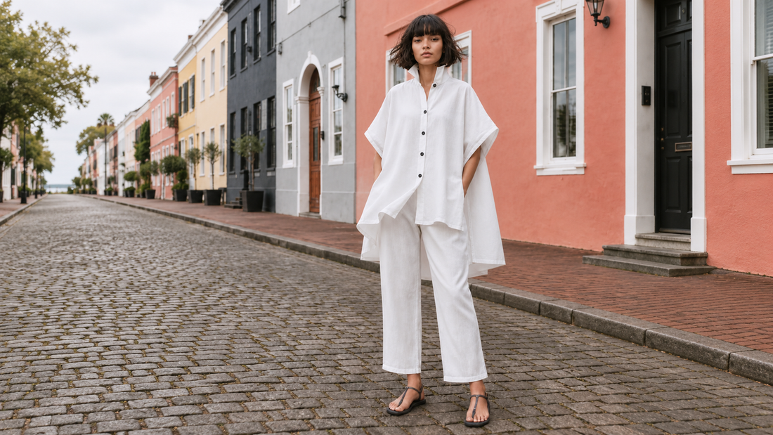 Full-length front view of a model wearing the white Linen Tokyo Shirt with white cropped linen pants.