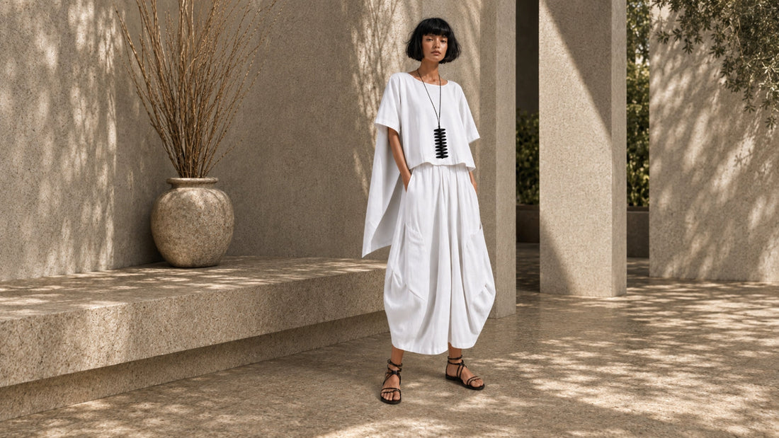 Full-length front view of a model wearing the white Linen Tokyo Top with white Samurai Pants.