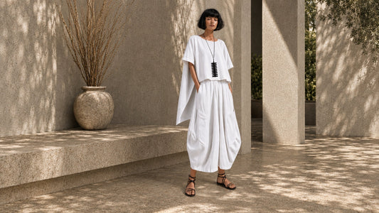 Full-length front view of a model wearing the white Linen Tokyo Top with white Samurai Pants.