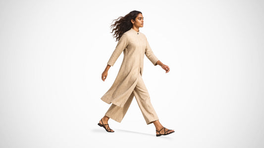 Model walking in the Jen Kahn natural Linen Coat Dress with matching linen pants