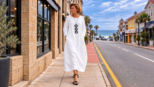 Model wearing the white Jen Kahn Tokyo Linen Dress on a coastal street.