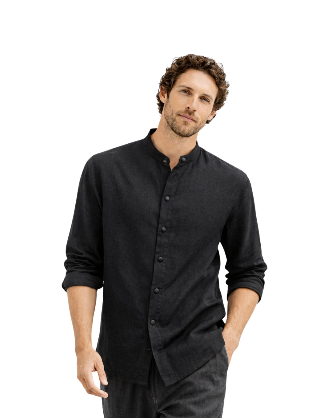 Model wearing a Jen Kahn collarless linen shirt in black – breathable pure linen unisex shirt