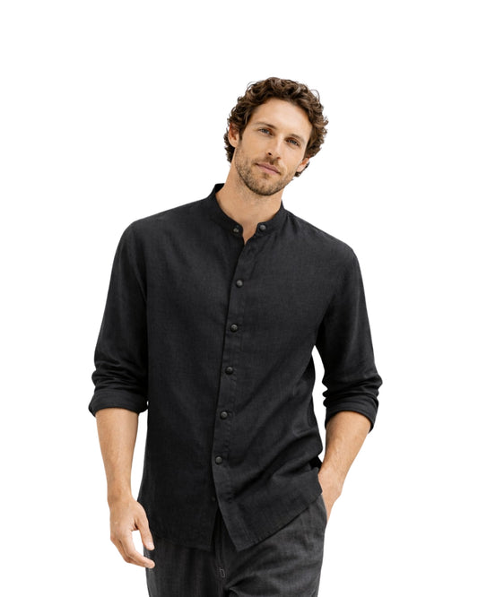 Model wearing a Jen Kahn collarless linen shirt in black – breathable pure linen unisex shirt