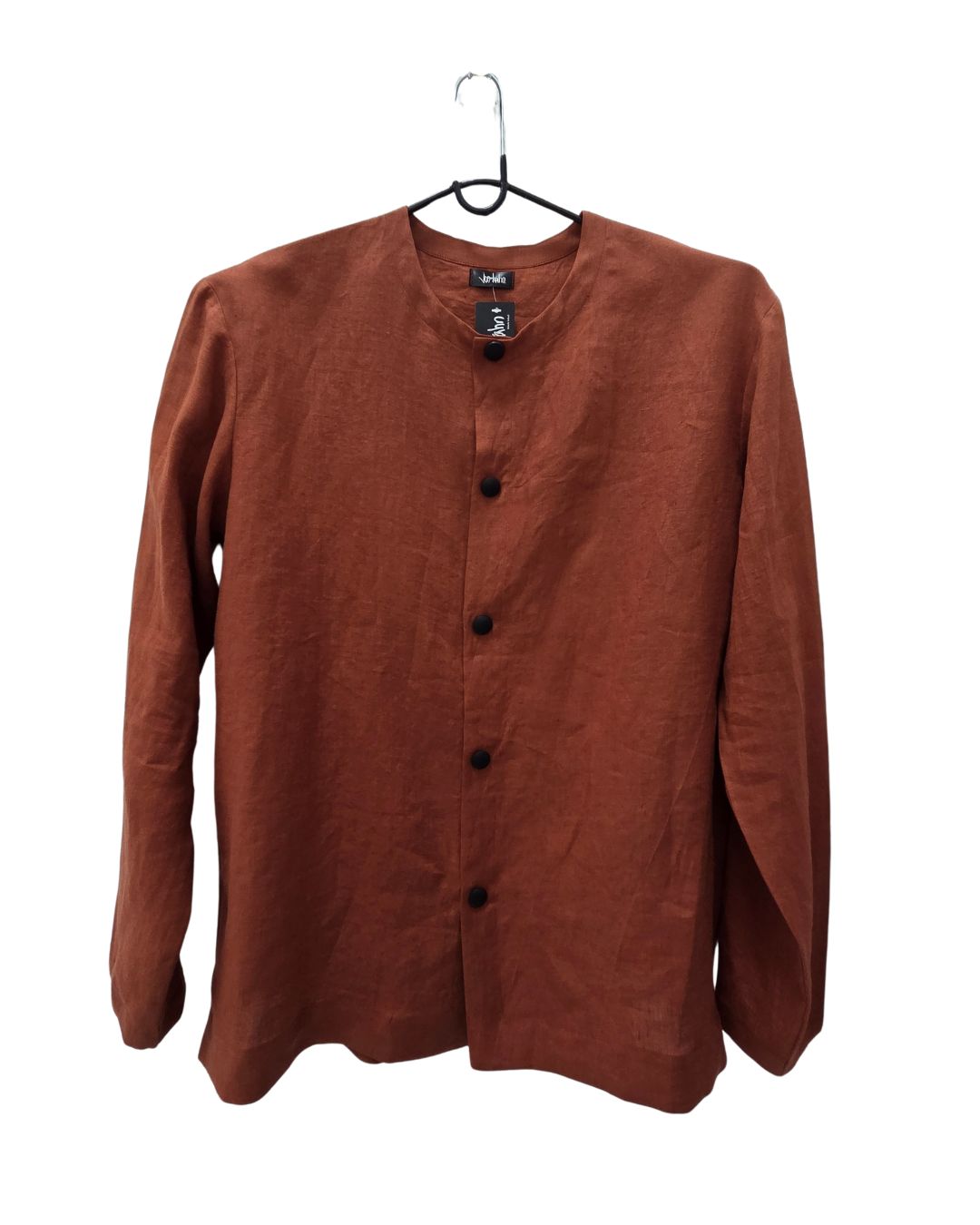 Jen Kahn collarless linen shirt in sienna 