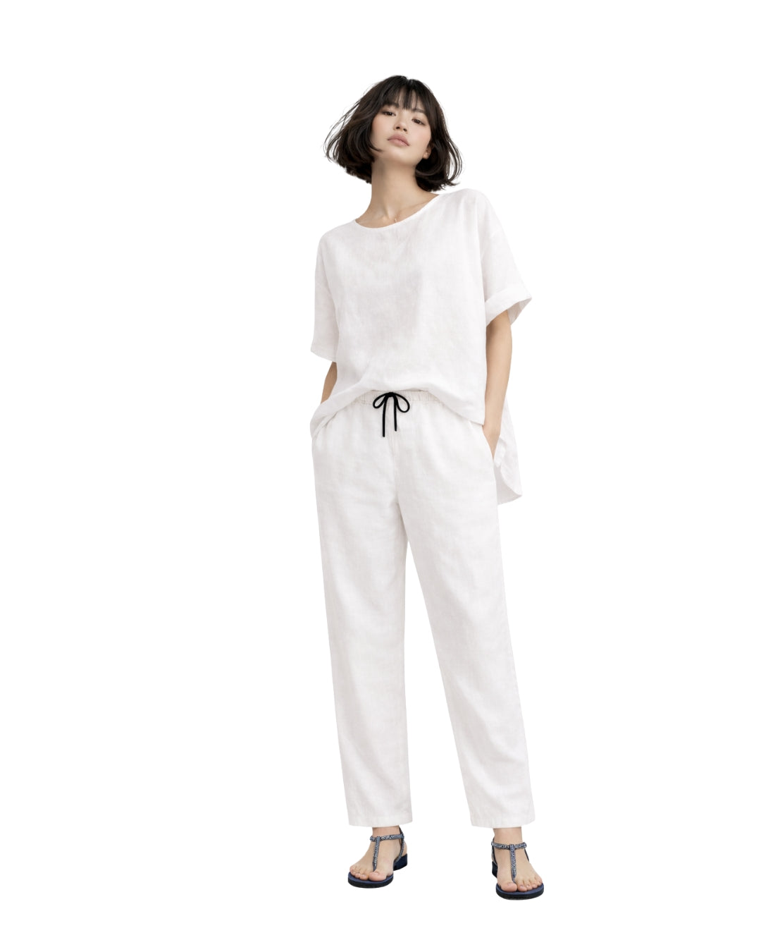 jen kahn Drawstring Linen Pants in White – pure linen drawstring trousers with pockets - unisex