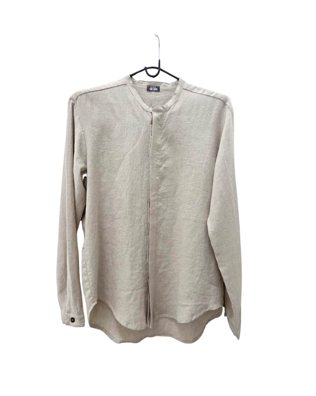 Jen Kahn mandarin collar linen shirt desert sand