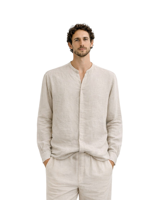 Jen Kahn mandarin collar linen shirt desert sand on model