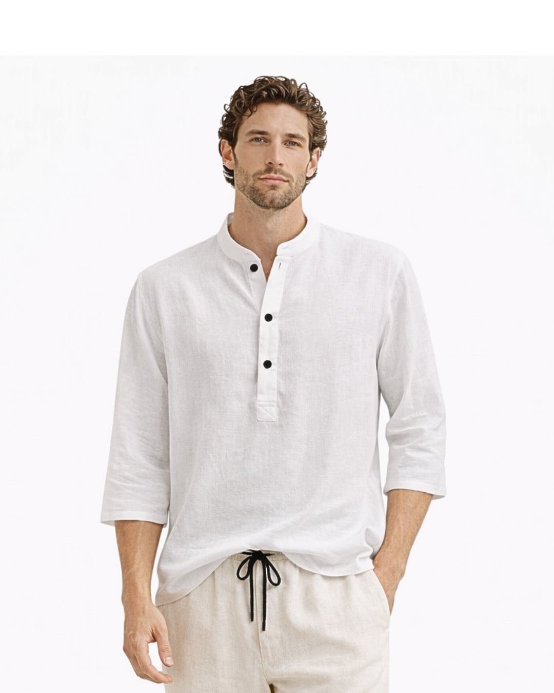 model wearing jthw white en kahn mandarin half button linen shirt – relaxed-fit 