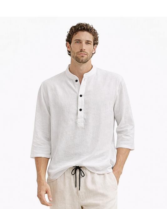 model wearing jthw white en kahn mandarin half button linen shirt – relaxed-fit 