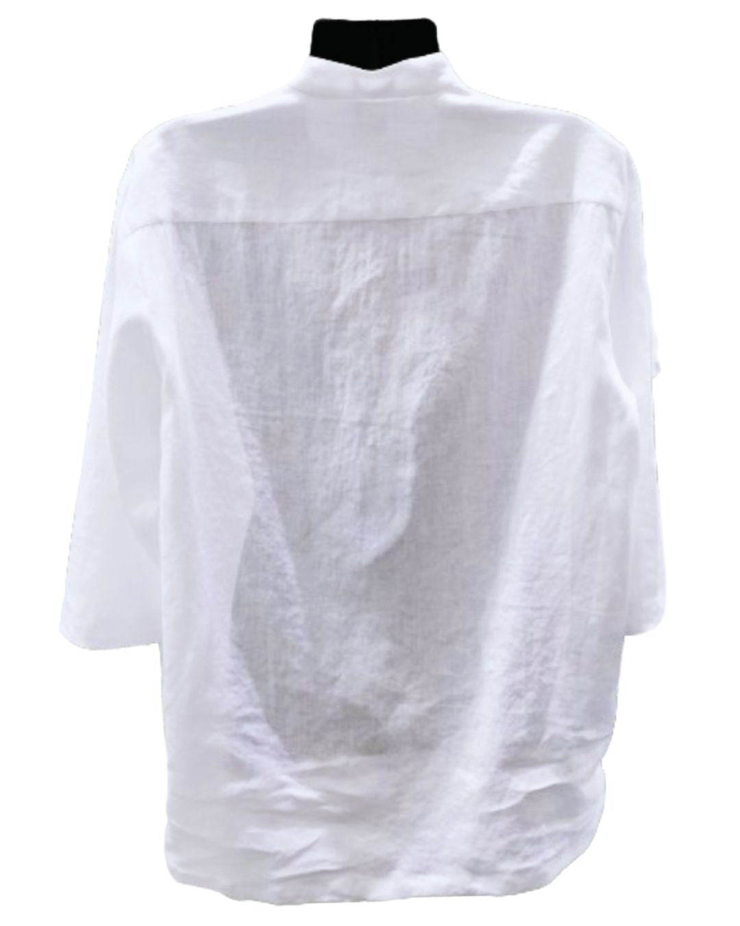 Jen Kahn mandarin half button shirt back – crisp pure linen 