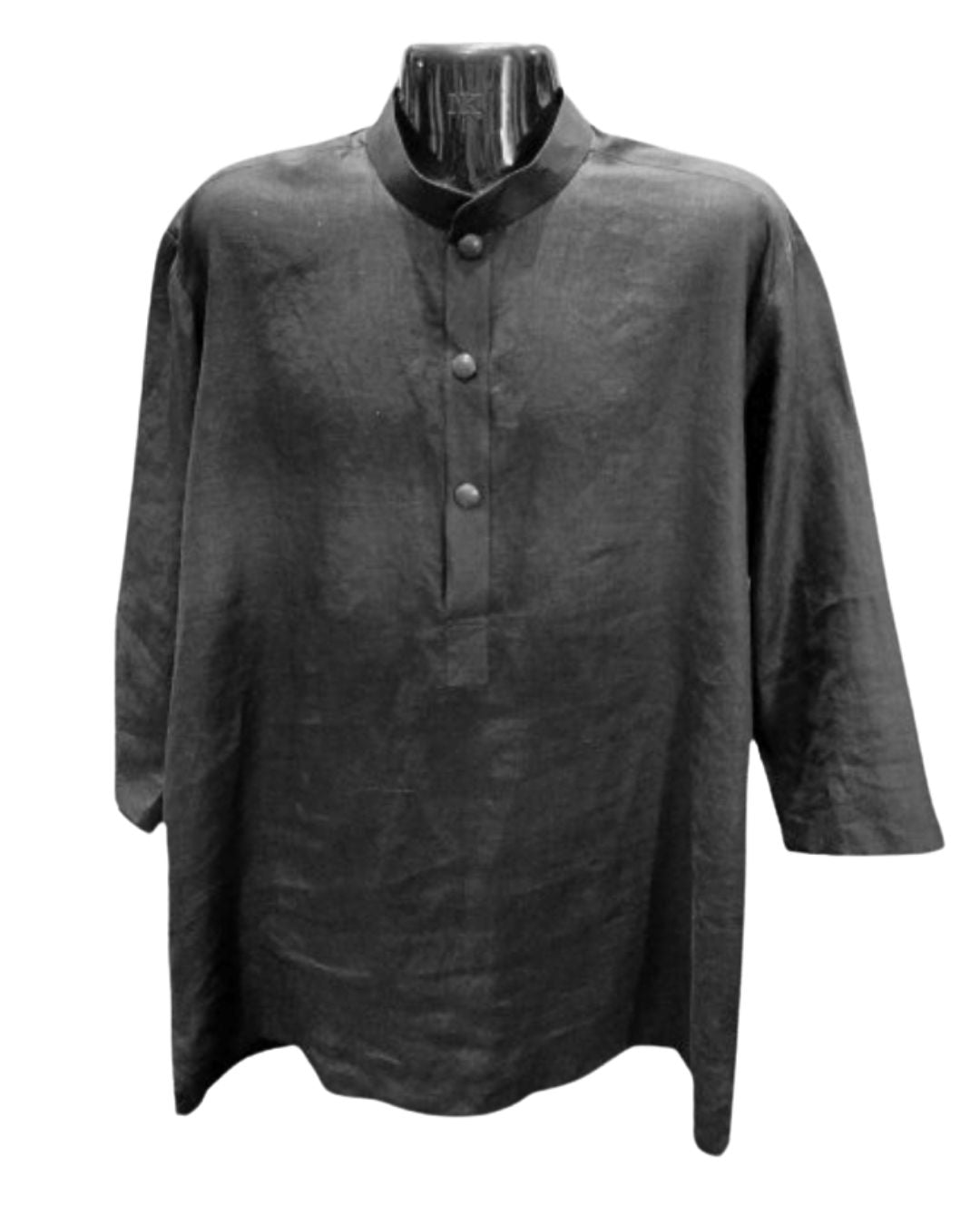 Jen Kahn mandarin half button shirt in black – refined pure linen shirt