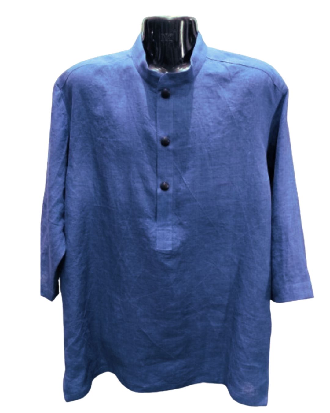 Jen Kahn mandarin half button linen shirt in Indigo– pure linen ¾ sleeve shirt
