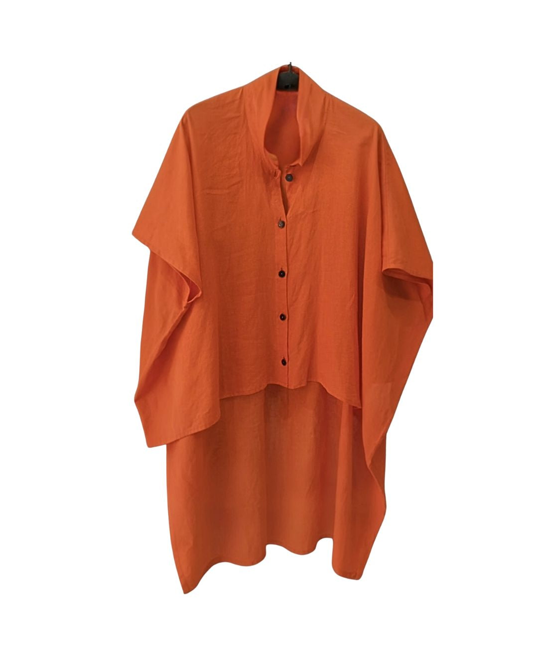 Asymmetric Linen Shirt in Tangerine — pure linen short-sleeve shirt with button-down front and pronounced high-low asymmetrical hem