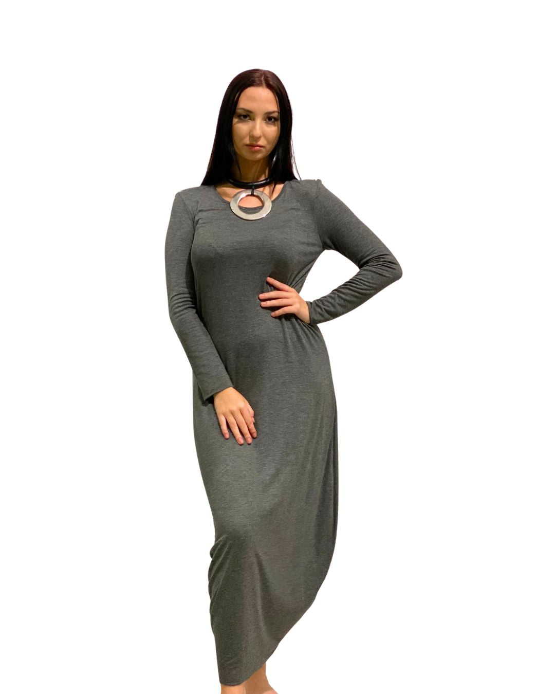 jen kahn Bell Shaped Jersey Knit Dress worn by model — full length viscose jersey knit dress