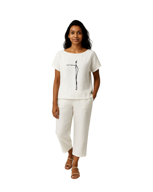 Jen Kahn Cave Print Linen Top in White – breathable pure linen top with subtle print