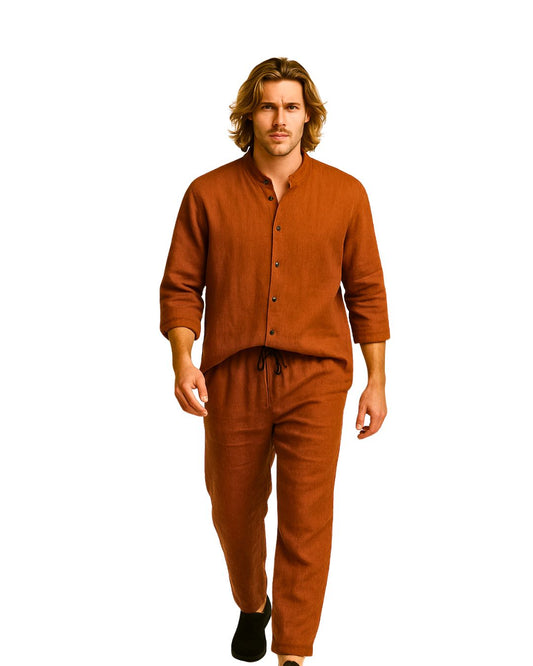 jen kahn Collarless Linen Shirt in Sienna – pure linen unisex shirt without collar