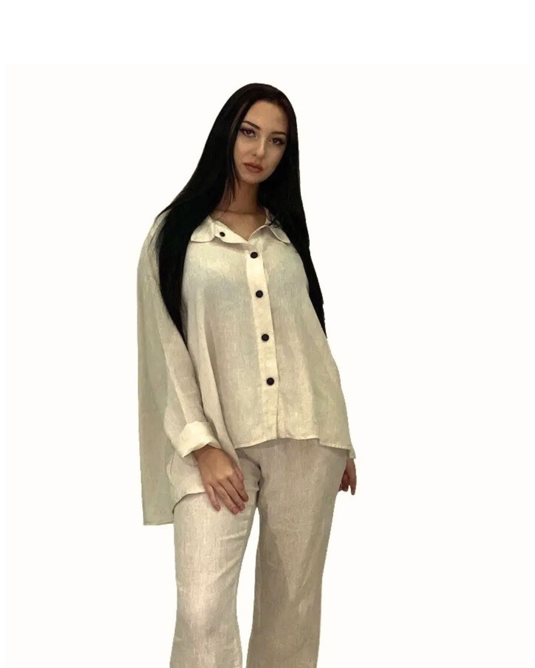 jen kahn Flared Linen Shirt in Natural – pure linen women’s shirt with stand-up collar