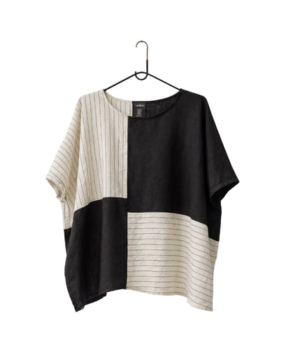 jen kahn Four Panel Blocked Linen Top in Natural with black pinstripe – lightweight colour -blocked linen top
