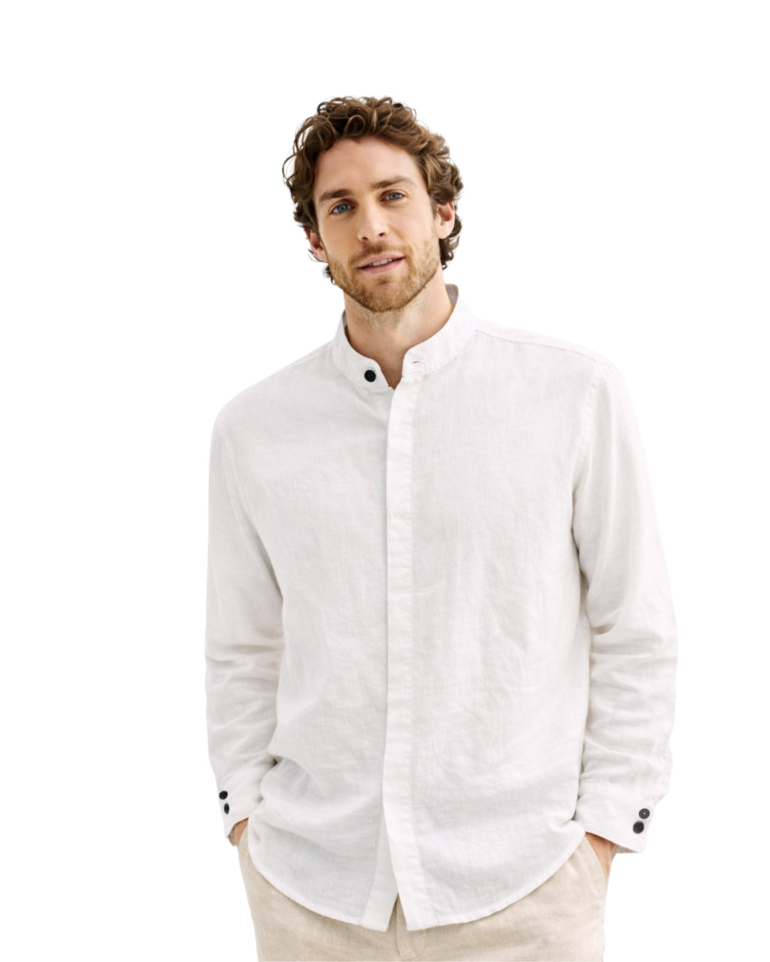 Jen Kahn white Roman linen shirt on male model