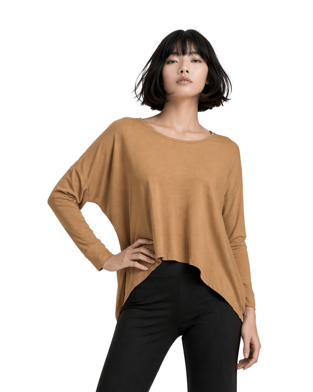 Jen Kahn asymmetric jersey knit top in sahara with long sleeves and draped hem