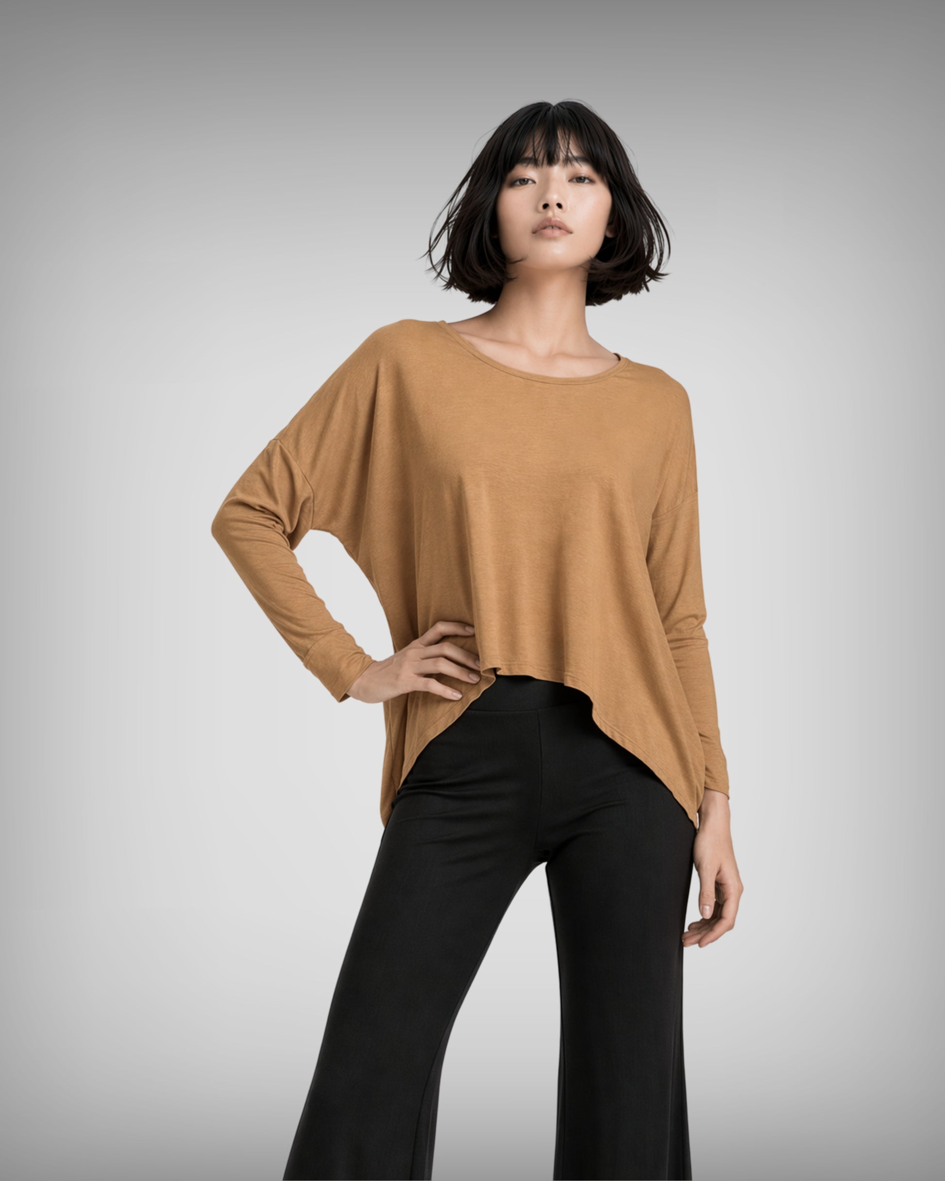 Jen Kahn asymmetric jersey knit top in sahara with long sleeves and draped hem