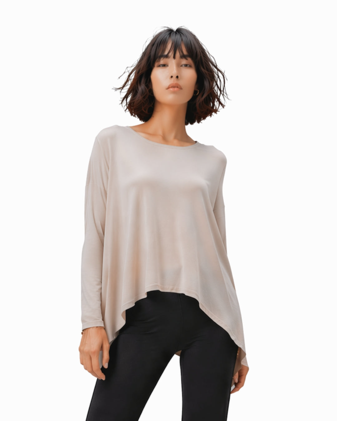 Jen Kahn asymmetric jersey knit top in stone with long dolman sleeves 