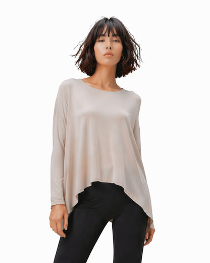 Jen Kahn asymmetric jersey knit top in stone with long dolman sleeves 