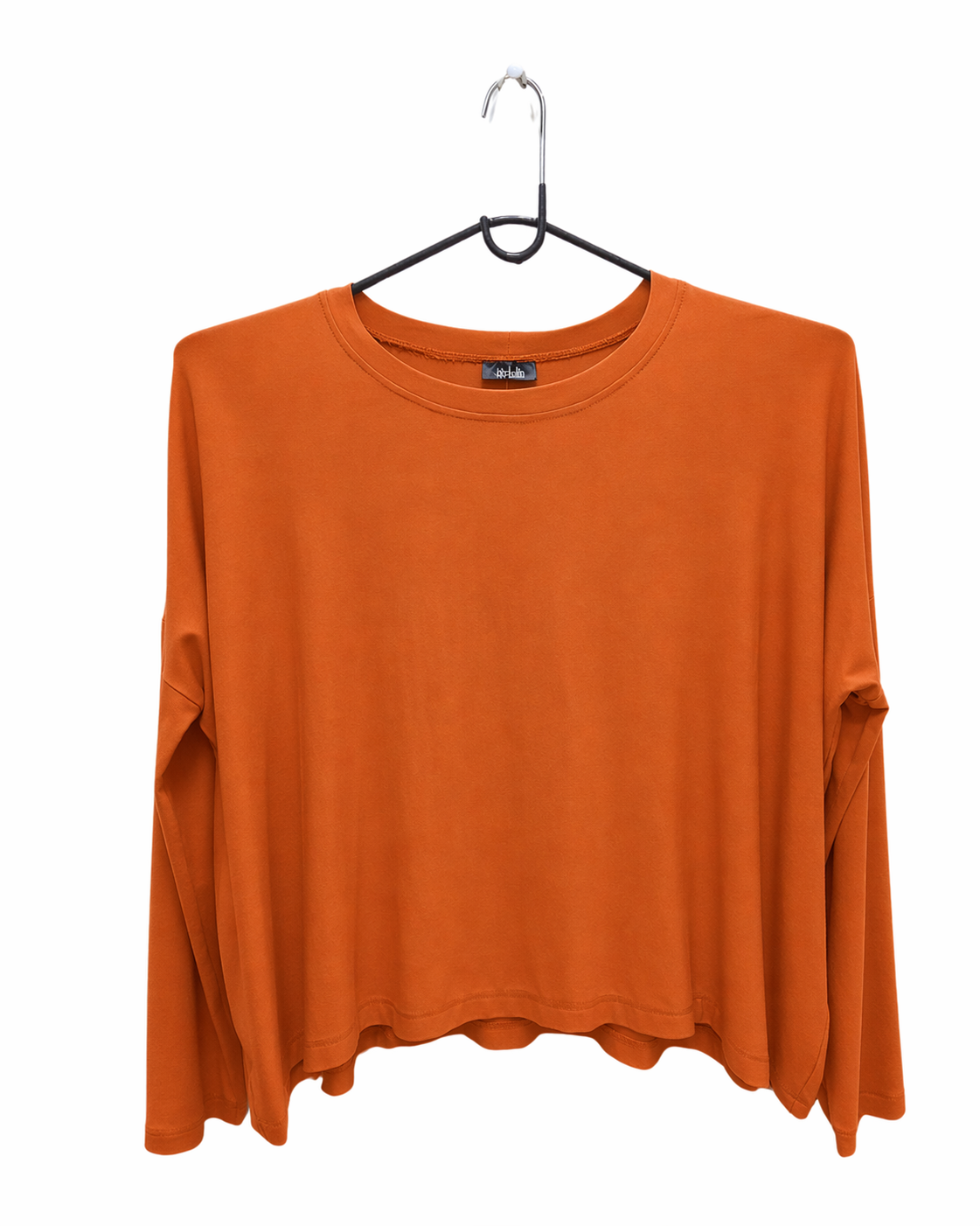 Jen Kahn asymmetric jersey knit top in tangerine with dolman sleeves