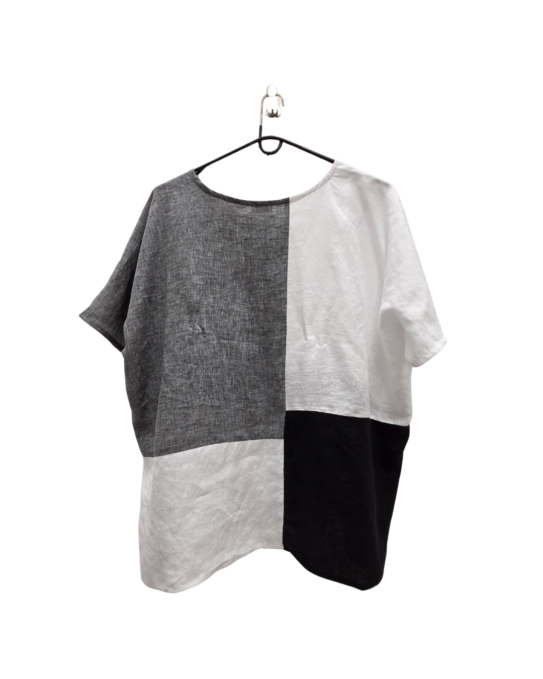 Jen Kahn Four Panel Blocked Linen Top in Anthracite, White and Black pure linen on hanger.