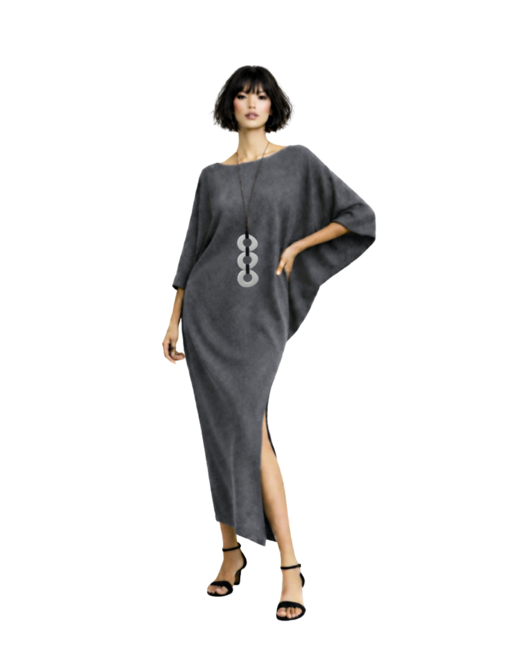 Jen Kahn batwing jersey dress in anthracite worn on model with wide neckline and knee-high slit