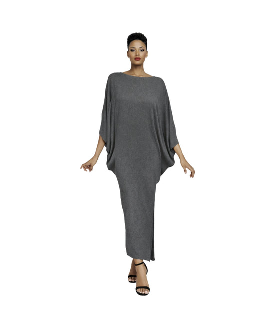 Jen Kahn batwing jersey dress in sand worn on model with wide neckline and knee-high slit