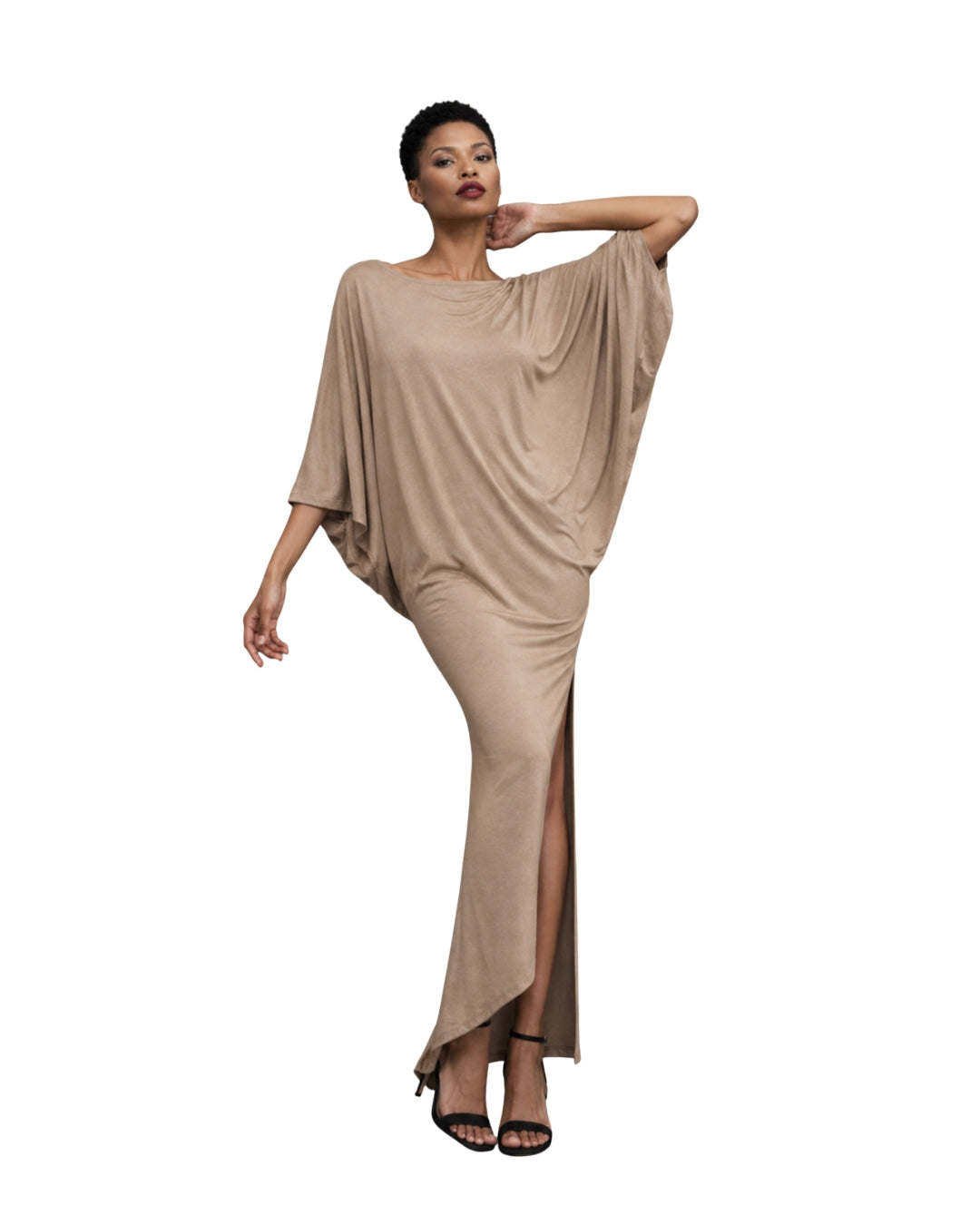Jen Kahn batwing jersey dress in anthracite worn on model with wide neckline and knee-high slit