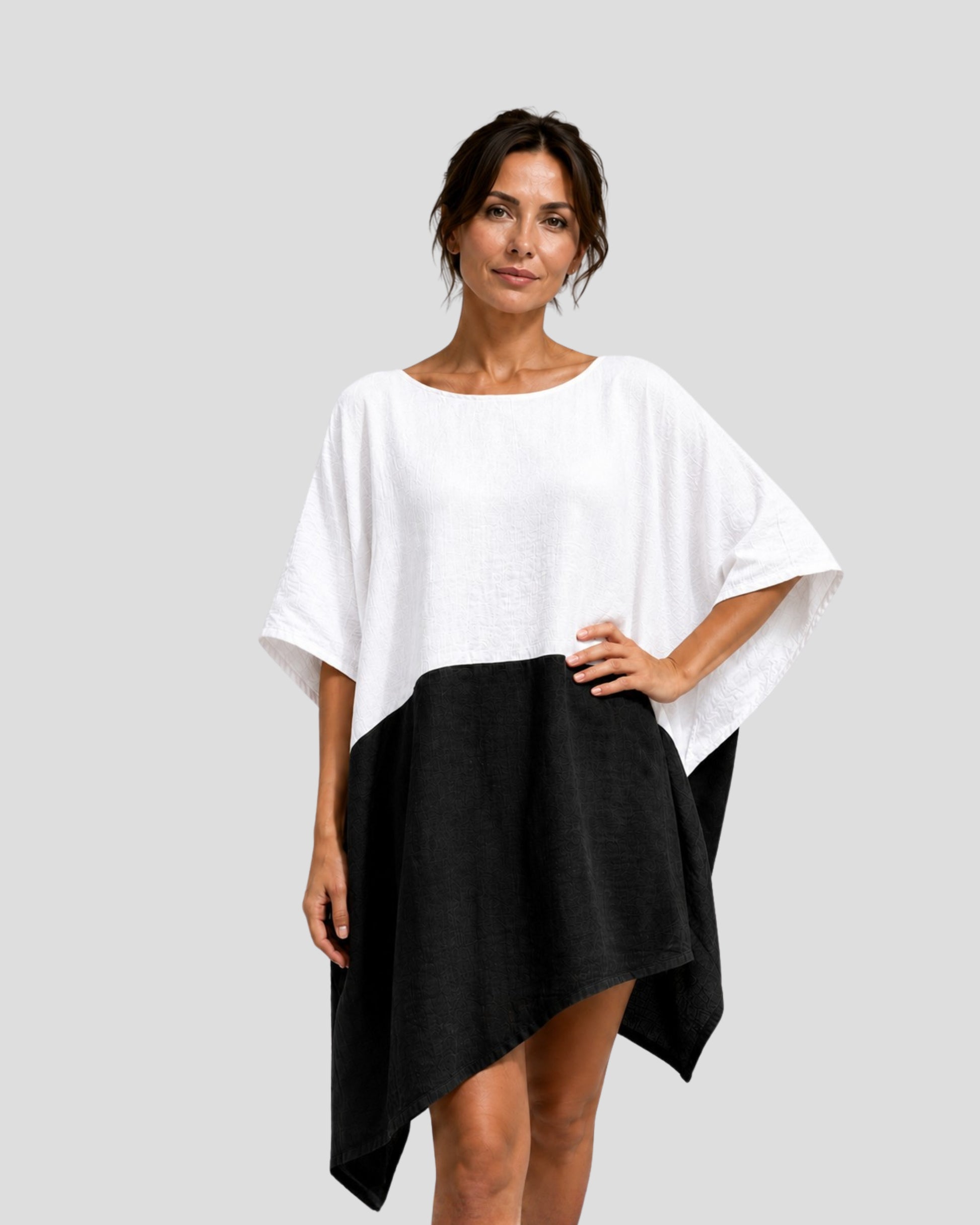 jen kahn Blocked Linen Top in White and Black pure linen with an asymmetric hem, relaxed fit and contrasting colour-block design.
