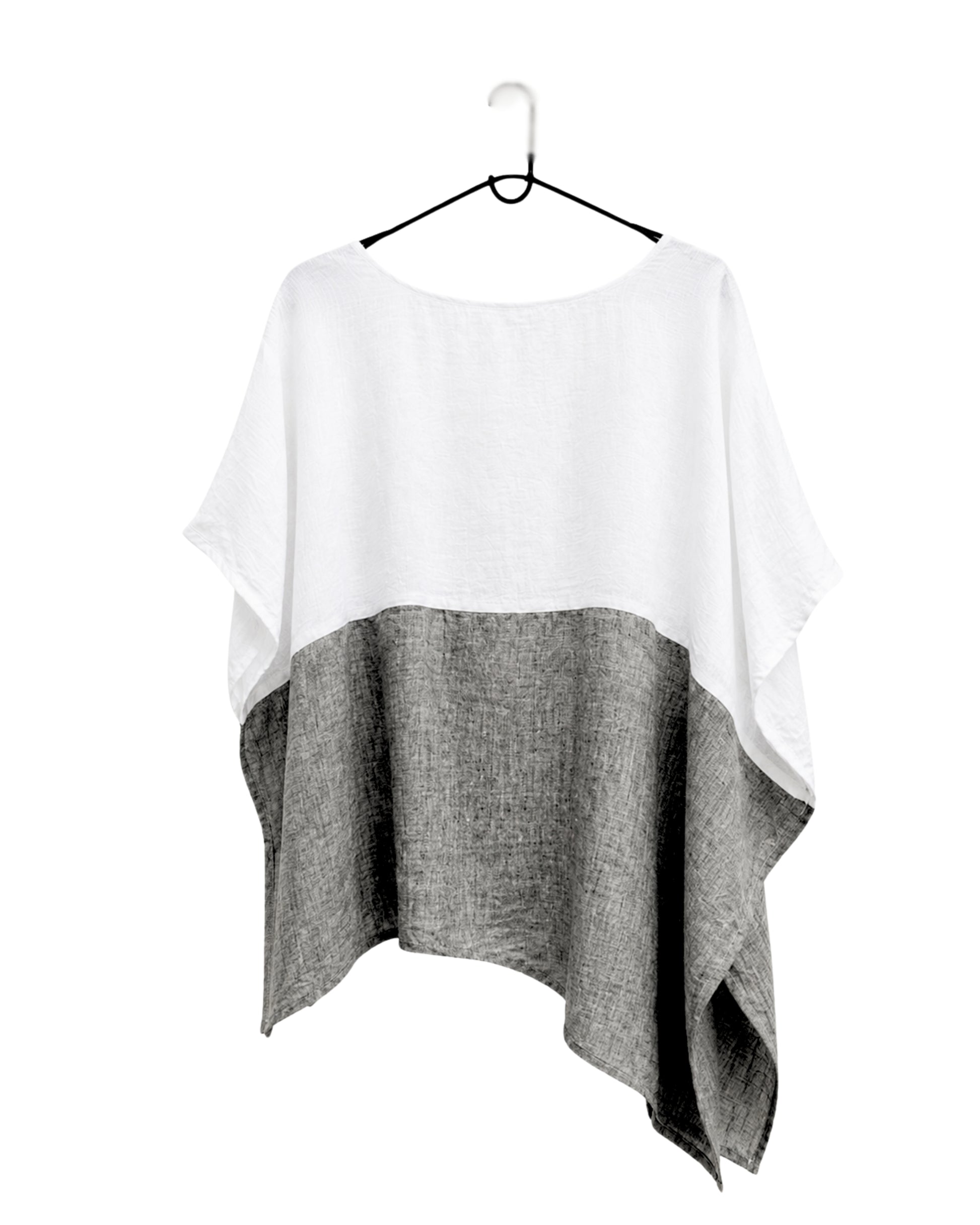 jen kahn Blocked Linen Top in White and Melange pure linen with an asymmetric hem, relaxed fit and contrasting colour-block design.