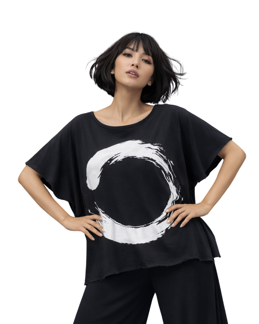 Jen Kahn brushed Zen print jersey knit top in black with circular print worn on model