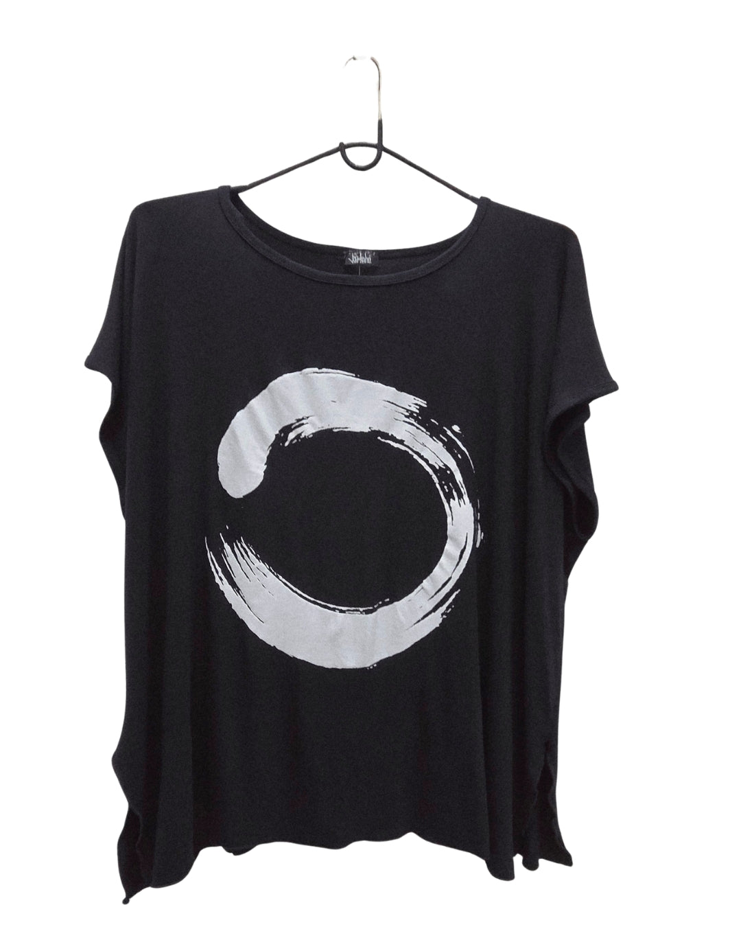 Jen Kahn brushed Zen print jersey knit top in black with circular print on hanger