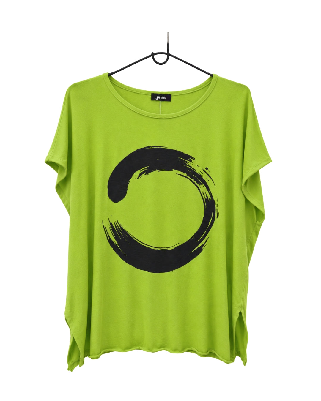 Jen Kahn brushed Zen print jersey knit top in chartreuse with circular print on hanger