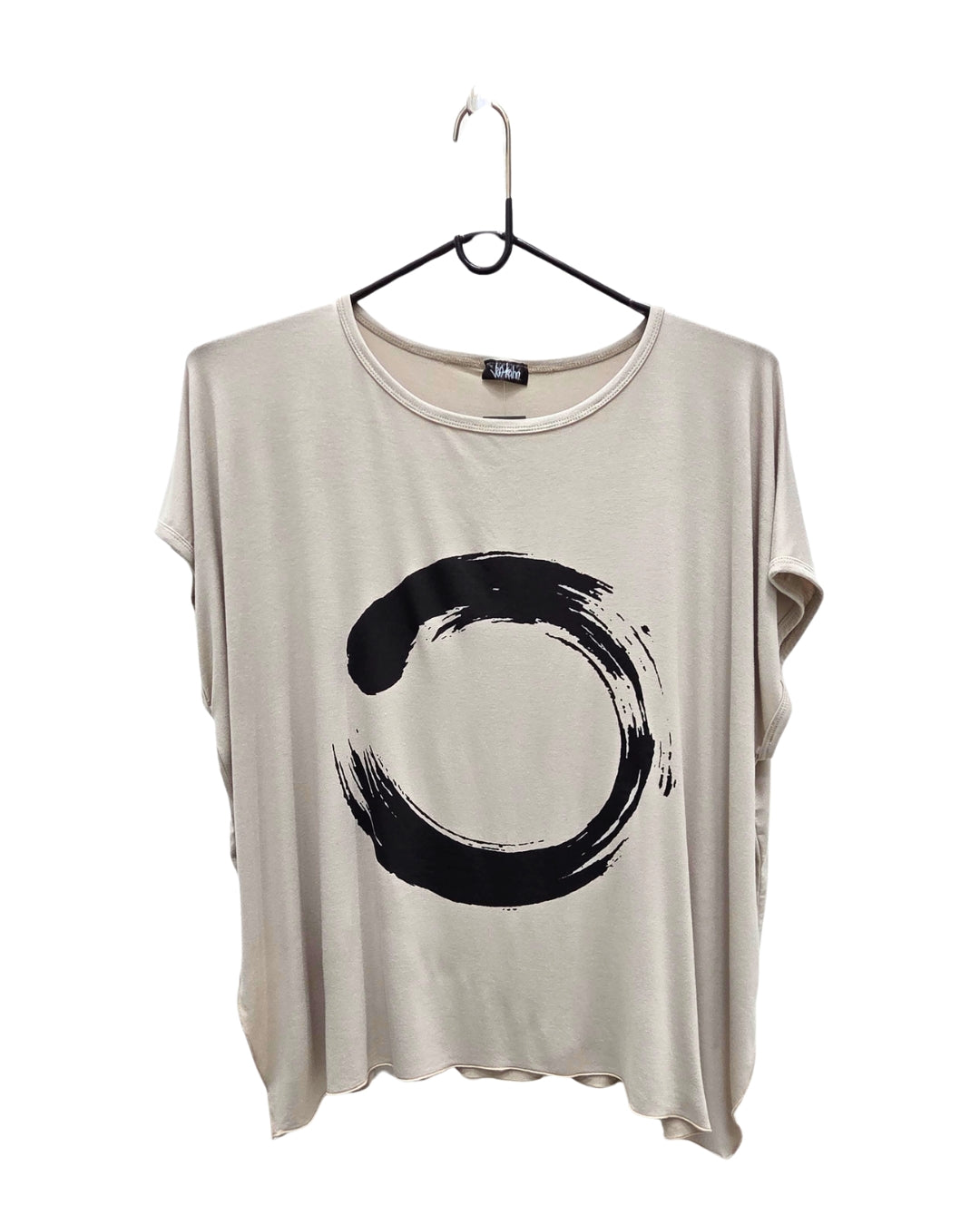Jen Kahn brushed Zen print jersey knit top in stone with circular print on hanger
