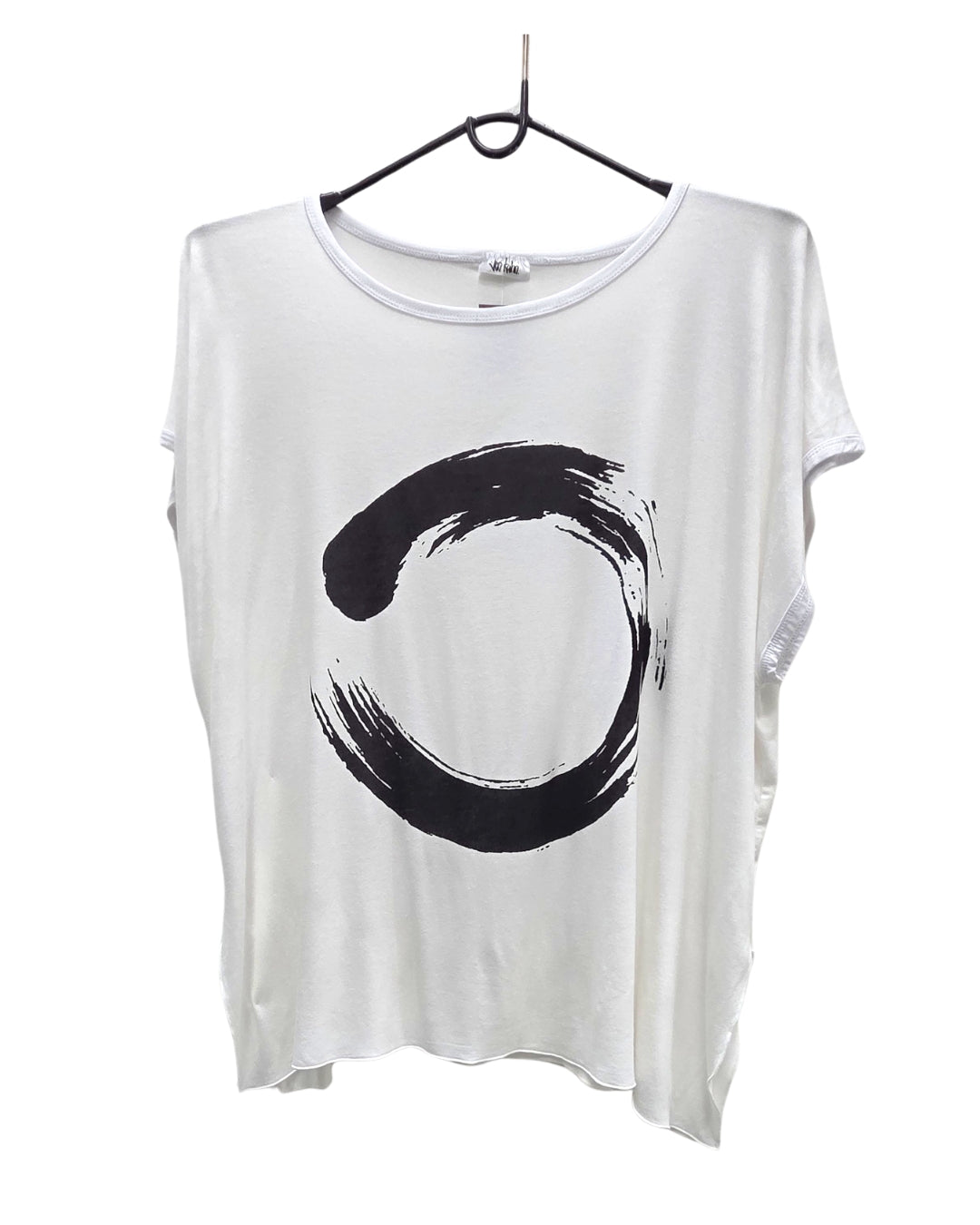 Jen Kahn brushed Zen print jersey knit top in white with circular print on hanger