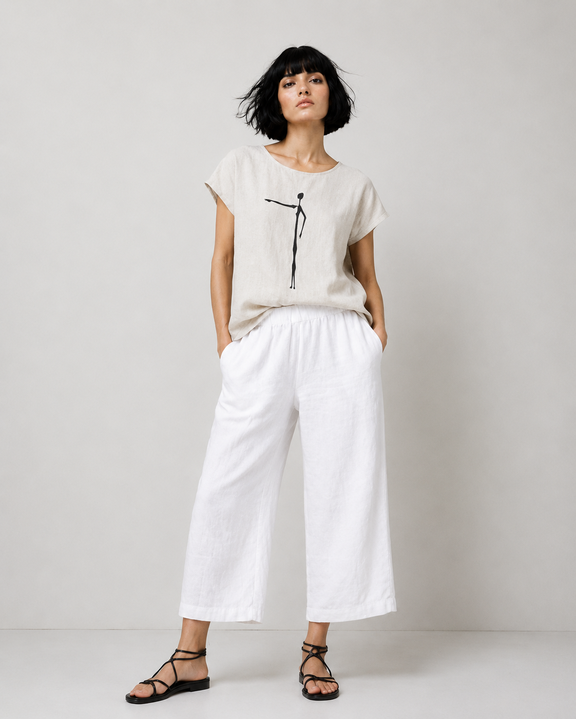 jen kahn Cave Print Linen Top in Natural pure linen with a contrasting cave figure print, worn on model.